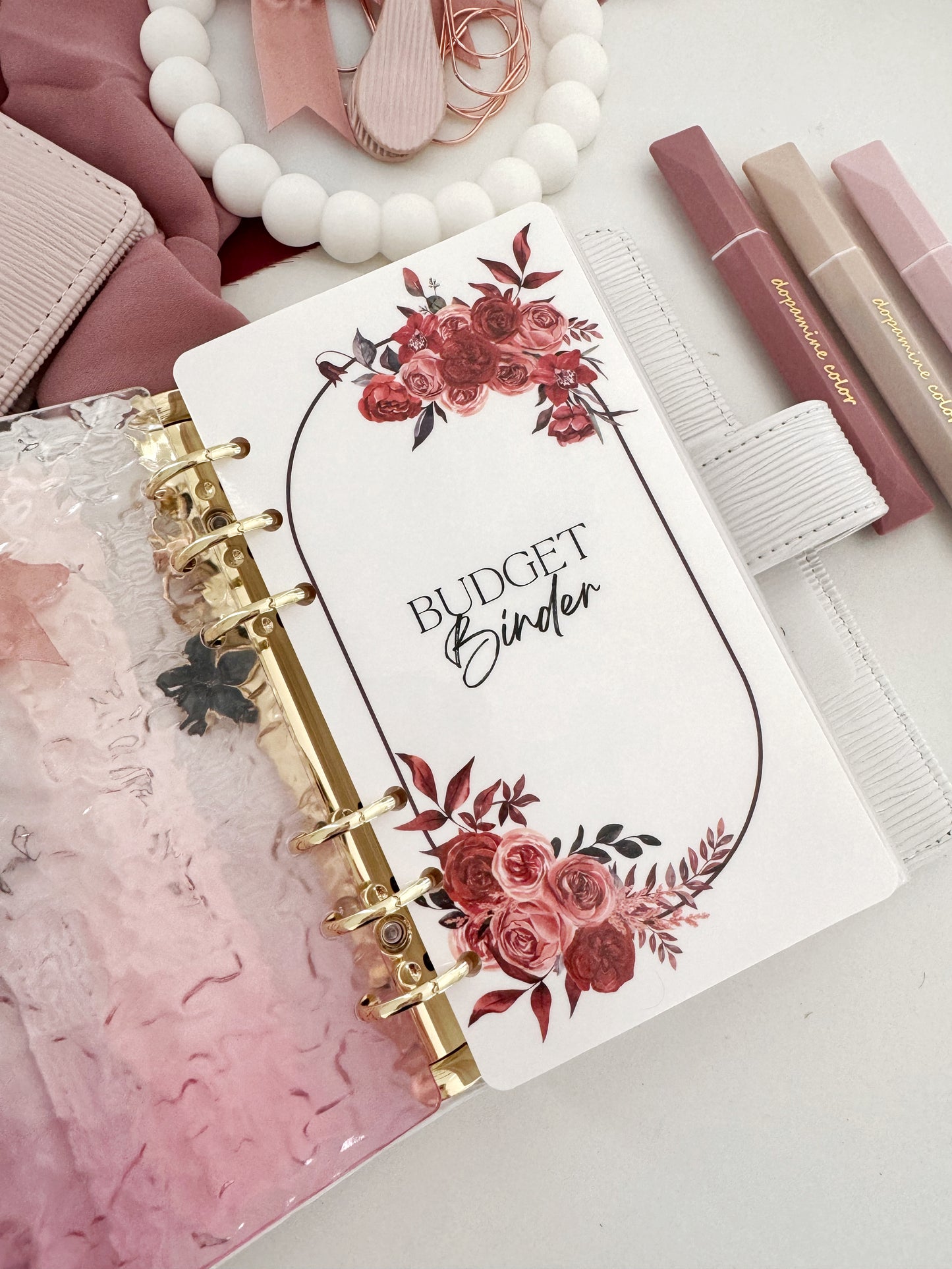 DASHBOARD & 6 CUSTOM ENVELOPES - OVAL BURGUNDY BORDER FLORAL DESIGN